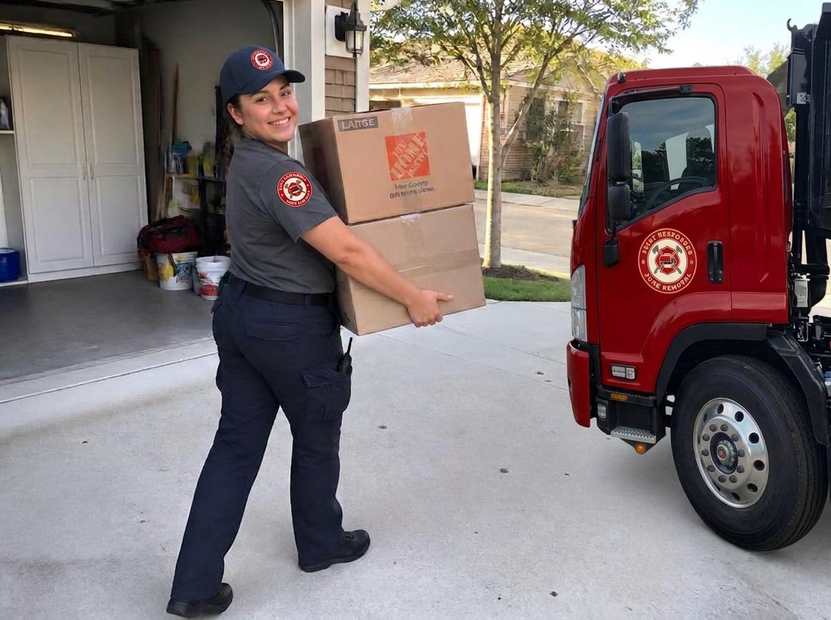 Off-duty EMT carrying boxes out of a garage to the junk removal truck