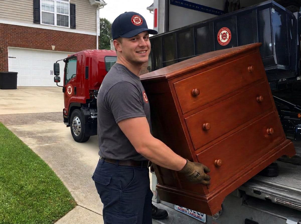 Off-duty firefighter loading a dresser into the First Responder Junk Removal truck