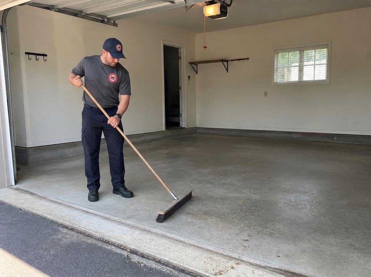Off-duty law enforcement officer sweeping a garage broom-clean after a cleanout