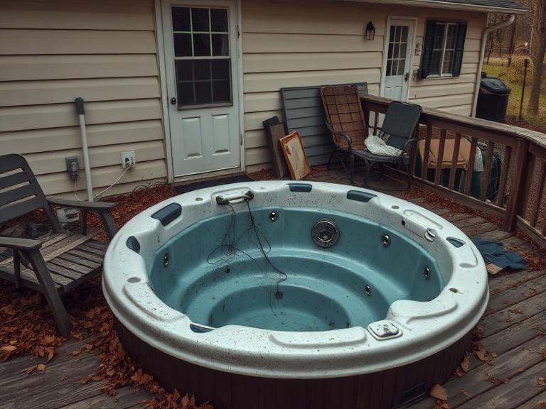Cracked old hot tub on a weathered deck before removal in Forest City, NC