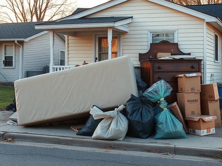 Mattress, sofa, and trash bags piled at the curb of a rental before removal in Forest City, NC