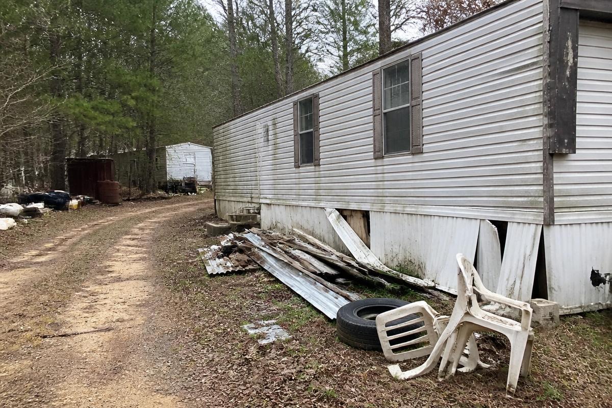 Rural lot beside a mobile home littered with scrap metal, tires, and debris before cleanup in Grover, NC