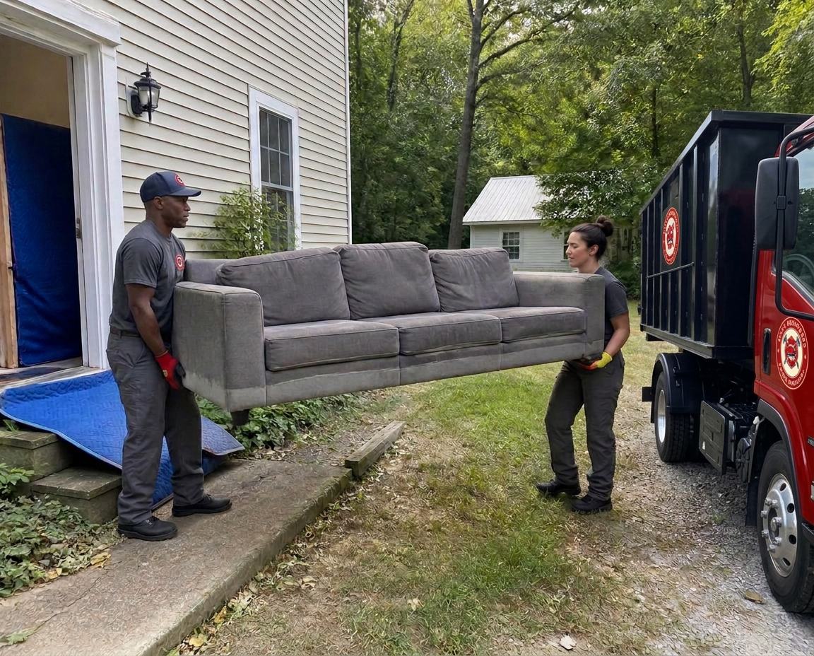Two crew members carrying a sectional sofa from a home to the hauling truck