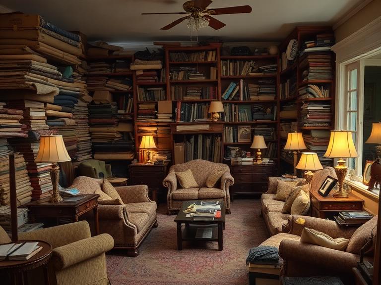 Living room stacked with furniture and clutter before an estate cleanout in Lincolnton, NC