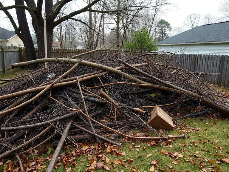 Backyard buried under storm debris and branches before removal in Lincolnton, NC