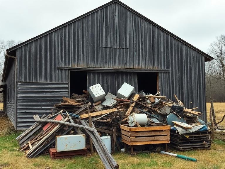 Pile of scrap lumber and appliances in front of a barn before removal near Shelby, NC