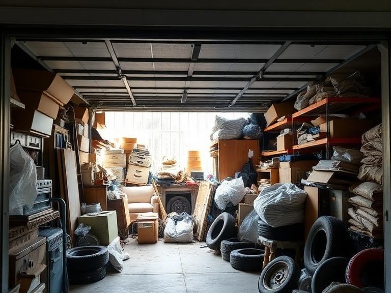 Cluttered two-car garage packed with junk before cleanout in Shelby, NC
